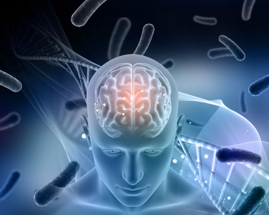 3D medical background with male figure with brain highlighted